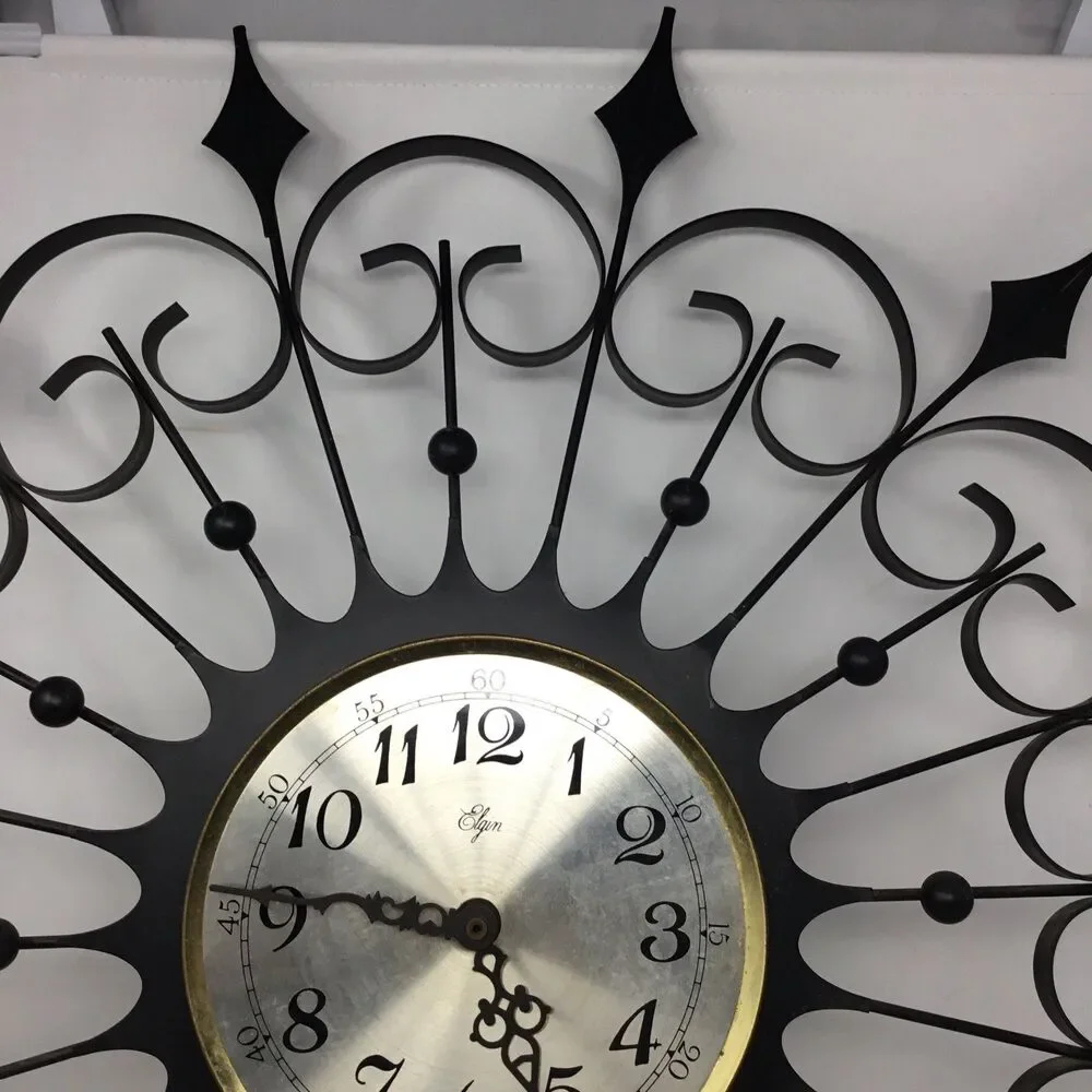 Elgin Mid Century Modern Black Wrought Iron Vintage Starburst Clock (working)